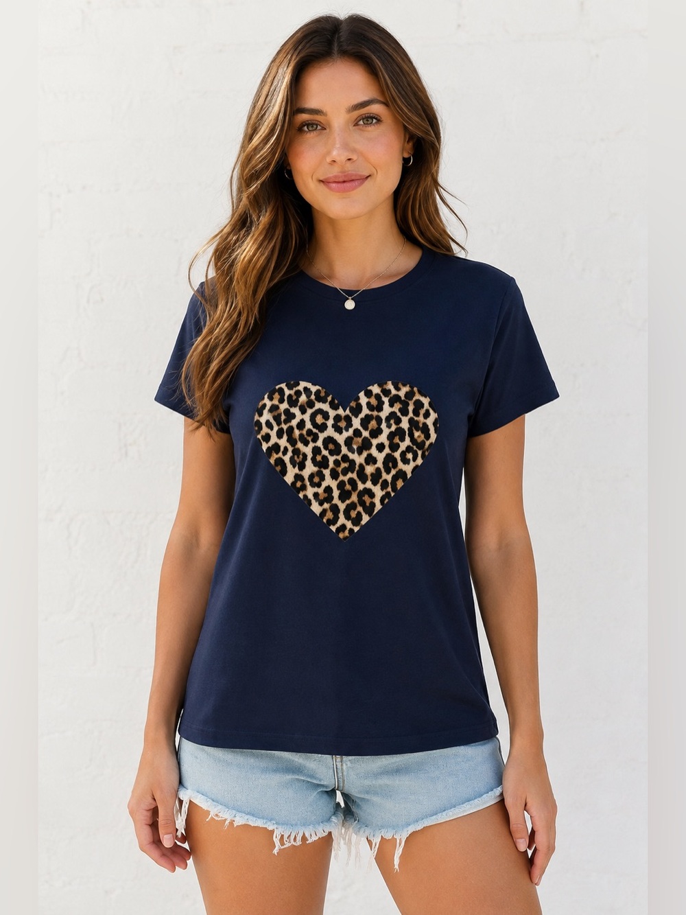 🩷.  492.  SHEIN Navy Blue Leopard Heart Graphic T-Shirt